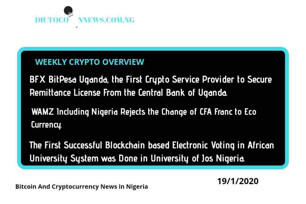 Crypto Weekl Review: BFX BitPesa, the First Crypto Service Provider to Secure Remittance License From the Central Bank of Uganda.